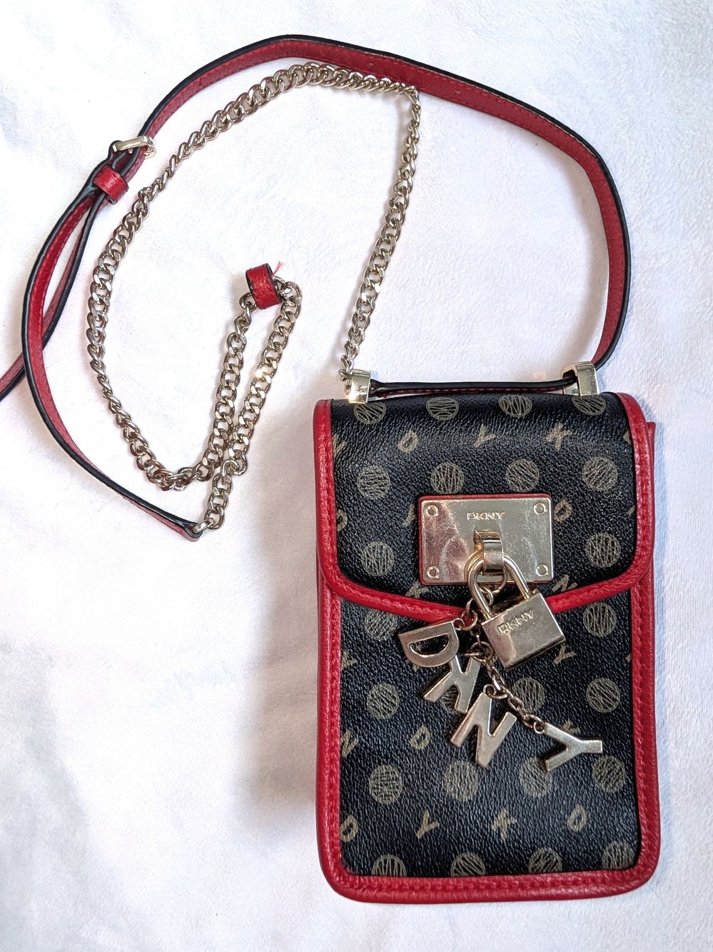 DKNY Red & Black Monogram Mini Crossbody Phone Bag